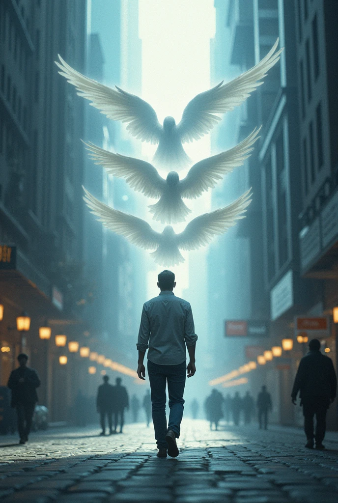 Angels guarding man walking on the street