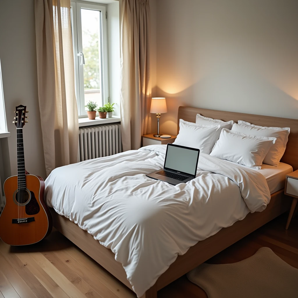 wide angle candid realistic photo of female bedroom, with a bed with white sheets, on the bed there is a laptop, at a side of the bed there is a classical acoustic guitar