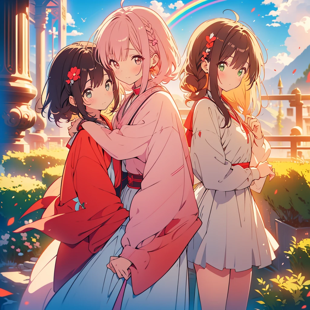 kawaii, anime, Cute, hyper quality, highly detailed, 8k, Clarity, Draw facial expressions in detail, A young girl with short light pink hair and scarlet eyes., swiss plateau, alps mountains, rainbow, daytime, clear sky, Girl with long dark brown hair and green eyes, good friends, marriage, smile, (Let me stay by your side for the rest of my life, stay by my side for the rest of my life, and do my best to never leave you), confession, hoodie, kiss,