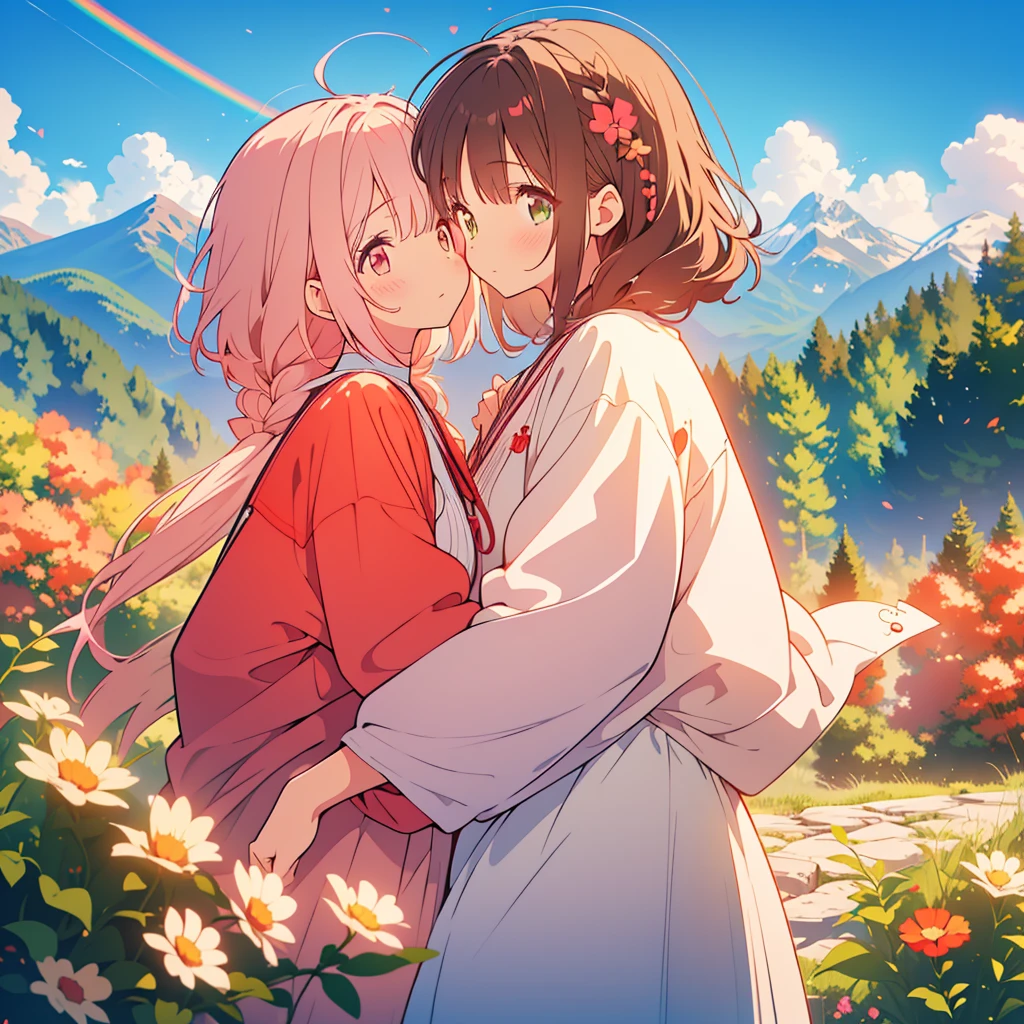 kawaii, anime, Cute, hyper quality, highly detailed, 8k, Clarity, Draw facial expressions in detail, A young girl with short light pink hair and scarlet eyes., swiss plateau, alps mountains, rainbow, daytime, clear sky, Girl with long dark brown hair and green eyes, good friends, marriage, smile, (Let me stay by your side for the rest of my life, stay by my side for the rest of my life, and do my best to never leave you), confession, hoodie, kiss, 