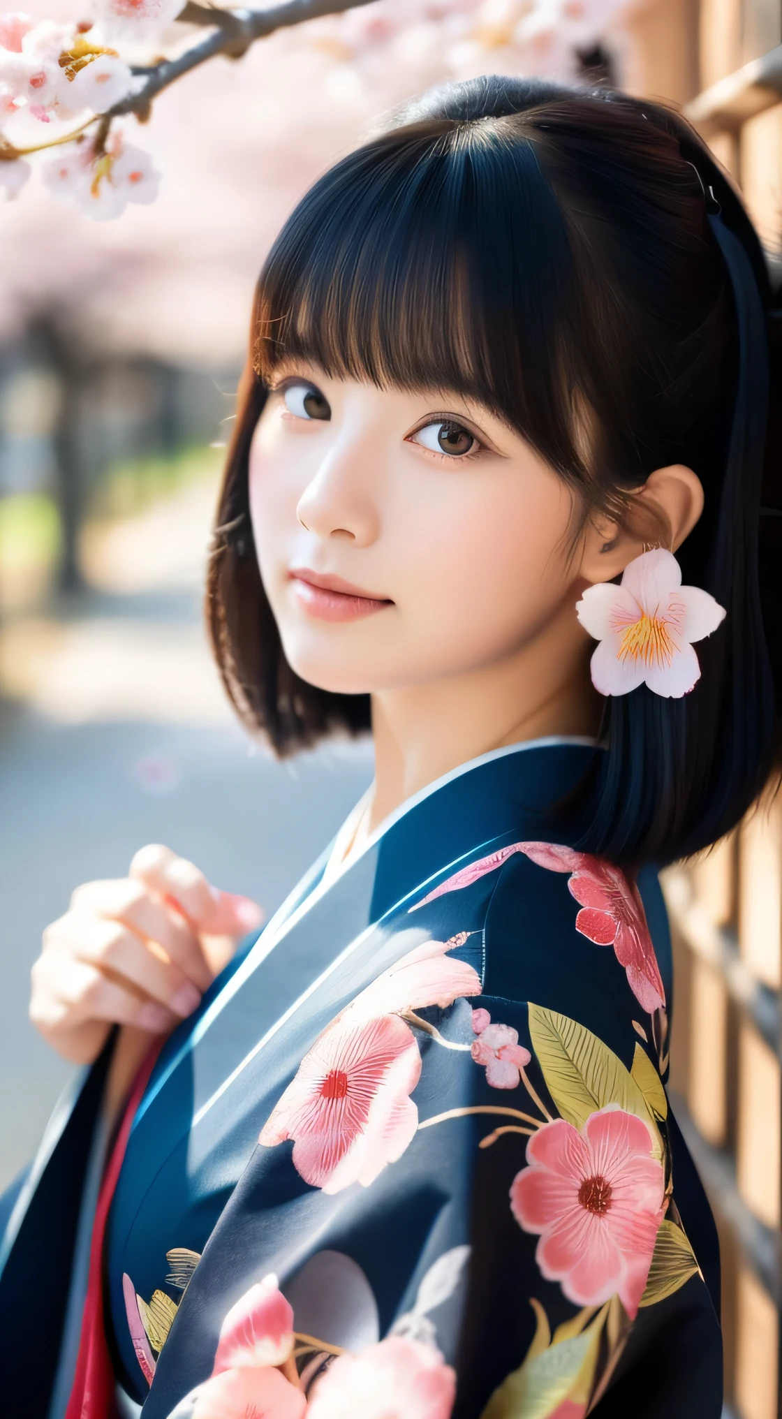 Realistic photos, Beautiful Eyes, Flowing black hair, Elegant kimono, Cherry blossom background, Traditional folding fan, Calm expression, Soft lighting, Traditional Japanese art style, Vibrant colors, Peaceful atmosphere, Delicate features, Graceful posture