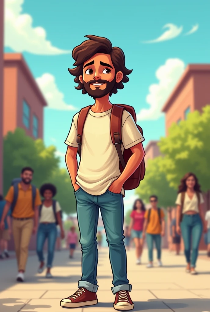 Draw a cartoon-like drawing of Jesus of Nazareth as a modern migrant as a college student