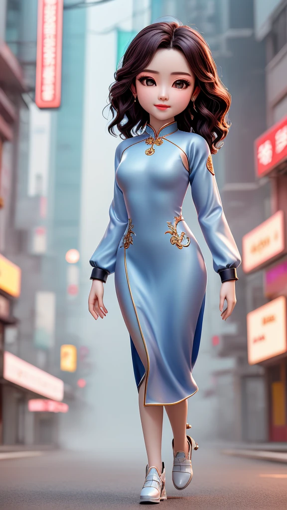 1girl,solo,cute, gorgeous women in ao dai, beautiful face,full body, larger chest,Hollywood waves,ao dai,hot figure, gorgeous,Foggy street,