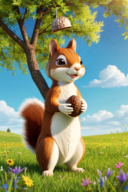 Scene 1: Sammy in the Meadow
Illustration of Sammy the squirrel with a joyful expression, holding a large, shiny acorn in a sunny meadow. The background should feature green grass, colorful wildflowers, and a clear blue sky.