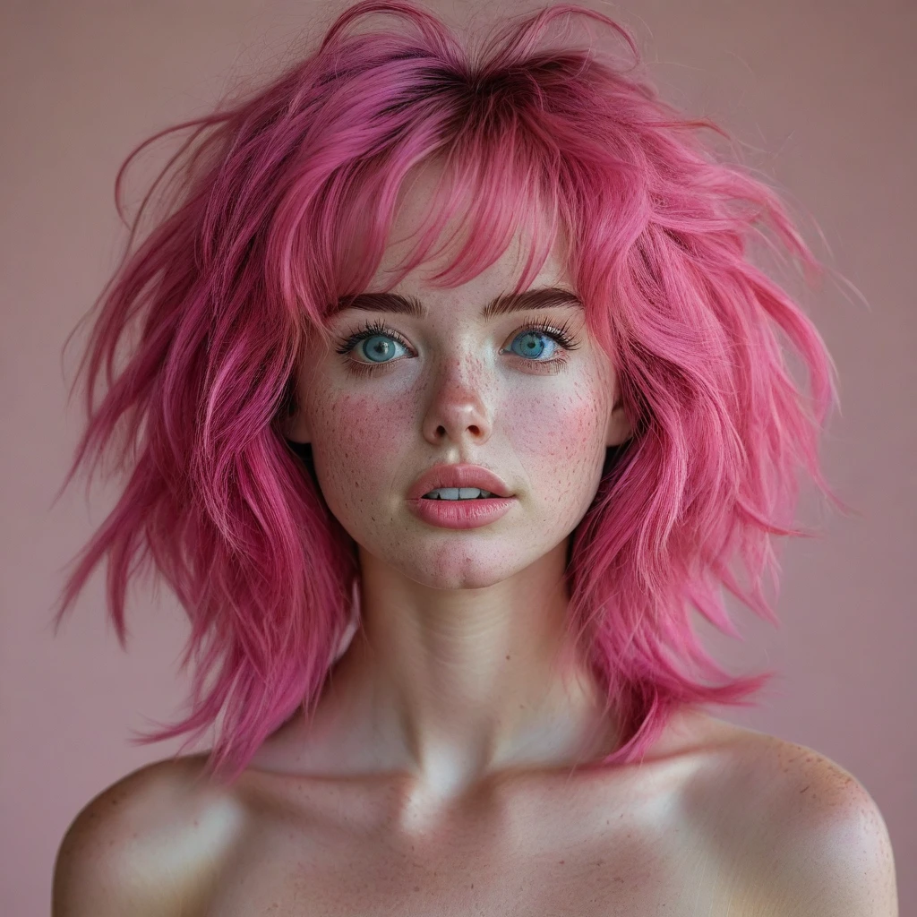 full body model, body with well-made anatomybeautiful 1 girl, standing alone, long hair, looking ahead at viewer, bangss, simple background, greeneyes, pink  hair, parted lips, teeths, lips, eyelash, Messy hair, portraite, close up, freckles, realisitic