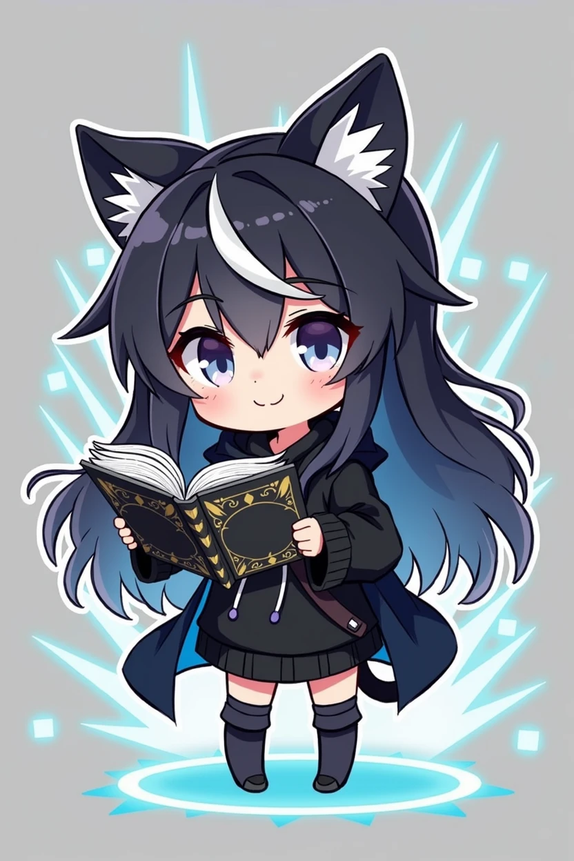 Anime figure of a girl with cat ears, hooded sweatshirt, Anime moe art style, demon slayer rui fanart, chibi!!! Catgirl, Chibi Anime Girl, black-haired magician white strands with black open magic book with decorations in one hand, Anime-Chibi, anime Catgirl, Mihoyo art style, advanced digital chibi art, chibi art, black and white clothing, Several magic circles in different colors fly around the girl, other hand stretched forward with magic circle in front,