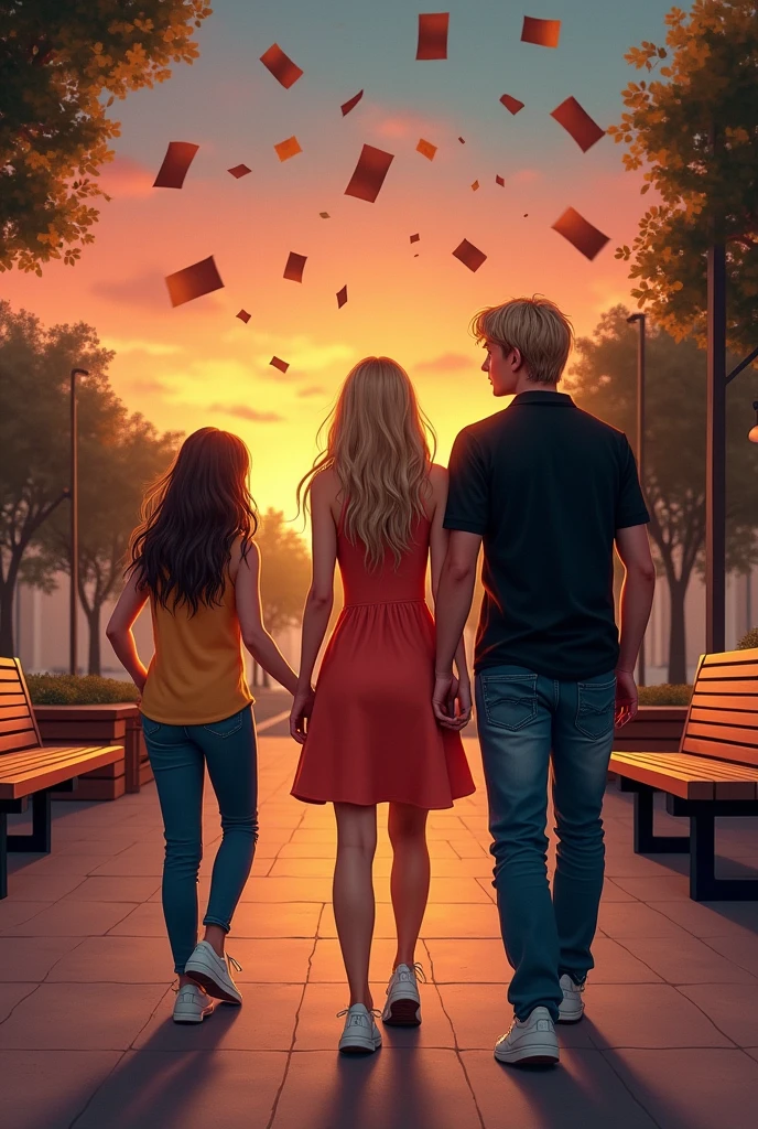 **Cover for the book "Come Back to Me":**
- **Scenario**: A square at dusk, with orange and pink tones in the sky, creating a romantic and nostalgic atmosphere. The square is serene, with wooden benches and trees, whose leaves begin to fall gently.
- **Personagens**:
- **Edward**: an 18 year old young man, with straight blonde hair, intense blue eyes and white skin. He is wearing a black polo shirt, jeans and sneakers branco. Edward tem 1,80m tall and is walking to the right of the image.
- **Deborah**: an 18-year-old girl, with straight blonde hair, that goes down to the middle of the back. your eyes are blue, and she is 1 tall,75m. She wears an orange evangelical style dress.. Deborah está andando ao lado de Edward, but in a position slightly behind him, as if it were further away in the scene.
- **Camila**: an 18-year-old girl, with light brown wavy hair, brown eyes and white skin. She wears a yellow tank top, jeans and sneakers. with 1,65m tall, Camila está andando na direção oposta a Edward, towards the left of the image.
- **Action**:
- **Edward e Deborah** are walking together, mas há uma distância emocional representada pela posição de Deborah mais ao fundo. Edward, Although, is looking at Camila with an expression of surprise and recognition, as if an old feeling was resurfacing.
- **Camila** está olhando para Edward com uma expressão de saudade e desejo, representing the desire to recover something that was lost.
- **Additional Elements**:
- **cards**: Várias cartas estão voando ao redor de Edward e Camila, symbolizing the failed attempts at communication in the past. The cards have an old look, with frayed edges, and some are partially open, as if they were revealing hidden secrets.
- **Colors and Style**: The color palette is dominated by warm evening tones., with a soft contrast between the colors of the characters' clothes