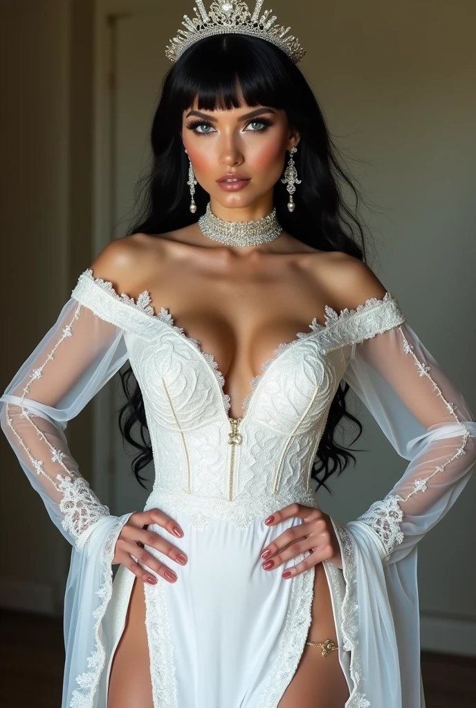 (cowboy shot:1.2) image of a white bride with long sleeves and lace dress, hands on hips, (black hair), blue eyes, blunt bangs, (off-shoulder, choker, earrings, tiara:1.3), looking at viewer, (gigantic chest:1.3), slit dress, bare thighs