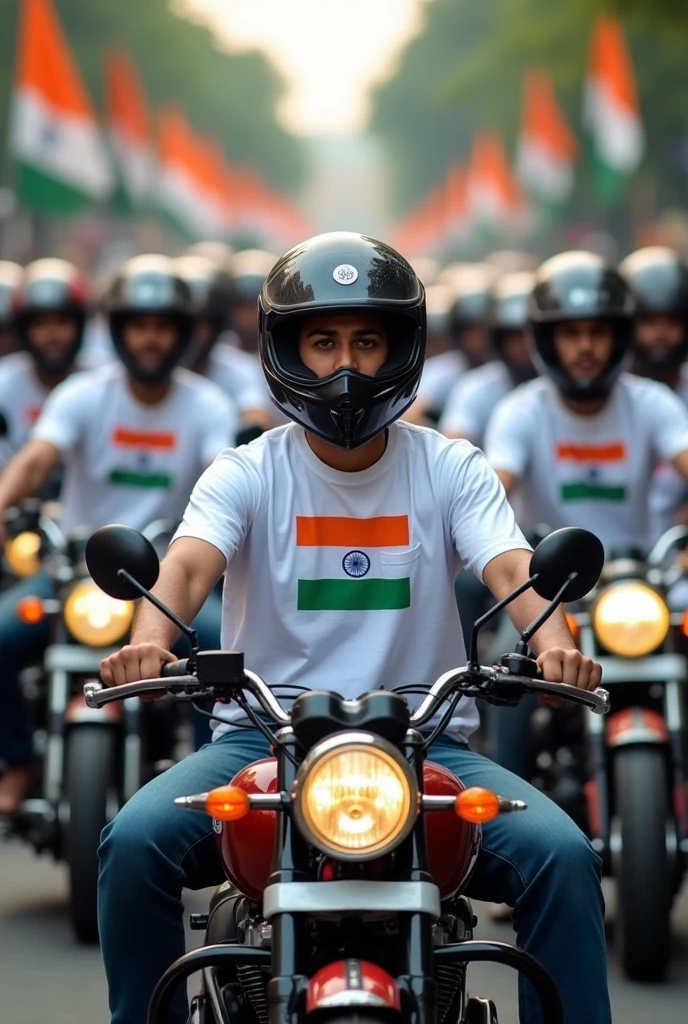 Motorcycle rally with riders wearing helmets and white tshirt with Indian Flags