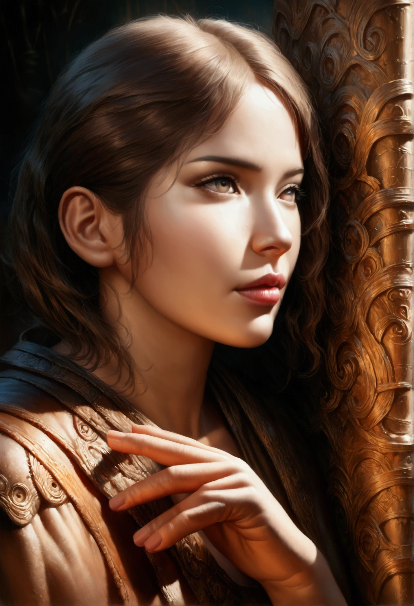 girl holding soy sauce in fish shape, detailed face with beautiful eyes and lips, detailed hands, 1girl, oil painting, fantasy, vibrant colors, dramatic lighting, intricate background details, (best quality,4k,8k,highres,masterpiece:1.2),ultra-detailed,(realistic,photorealistic,photo-realistic:1.37),cinematic composition,dramatic shadows,warm color palette