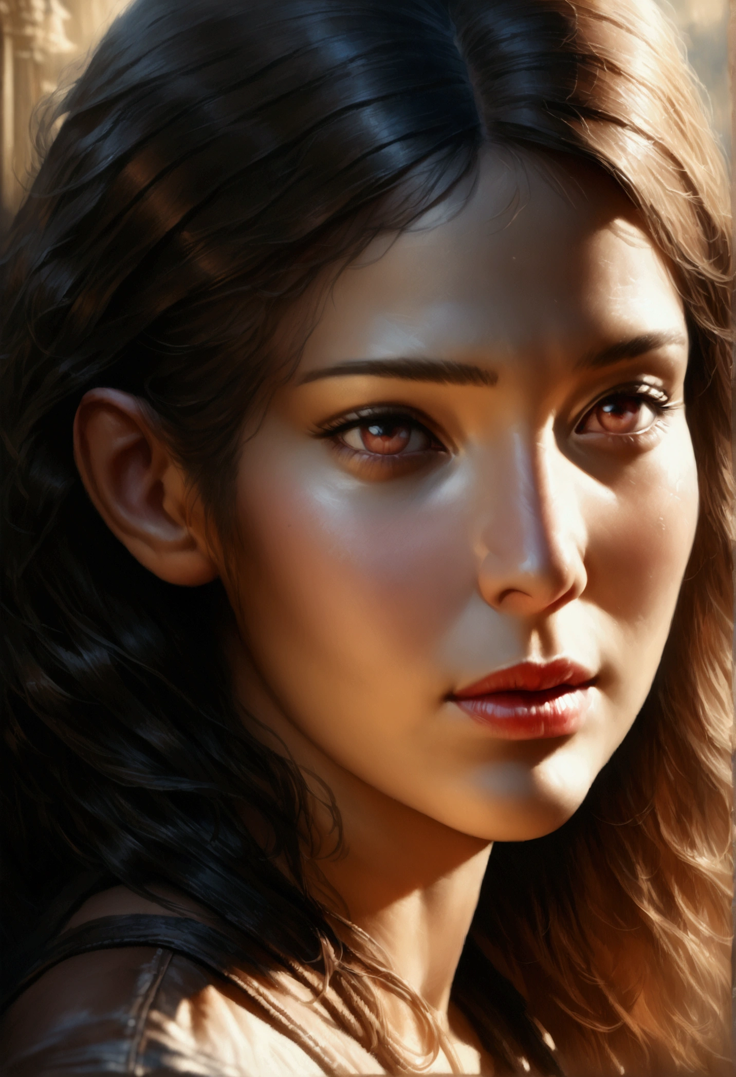 girl holding soy sauce in fish shape, detailed face with beautiful eyes and lips, detailed hands, 1girl, oil painting, fantasy, vibrant colors, dramatic lighting, intricate background details, (best quality,4k,8k,highres,masterpiece:1.2),ultra-detailed,(realistic,photorealistic,photo-realistic:1.37),cinematic composition,dramatic shadows,warm color palette