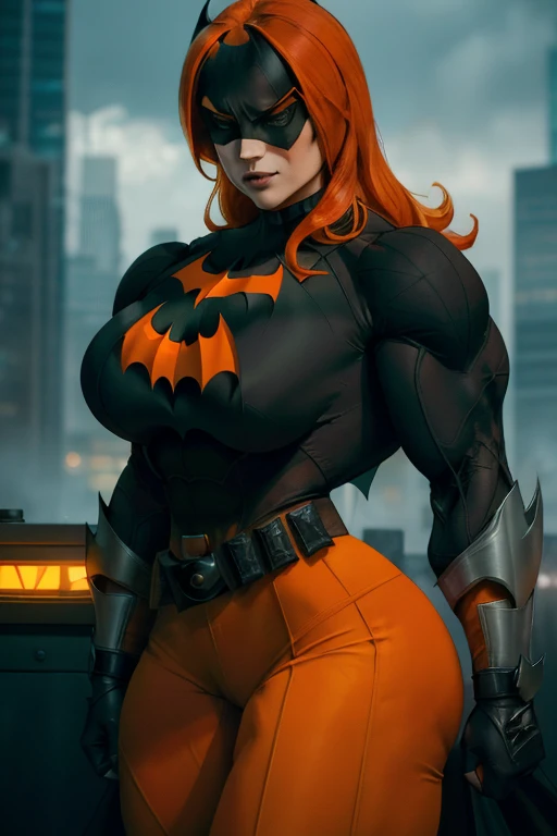 (((Close-up))), tall, (orange hair) beautiful muscular woman, (long shaggy hair), pale white skinned, closed smile, large breast, (black lipstick), (massive muscles), (hyper muscle), ((ginormous bulky muscles)), green eyes, (((orange batwoman suit))), (((Batwoman pants with belt))), gauntlets, choker, boots, (in gotham city)