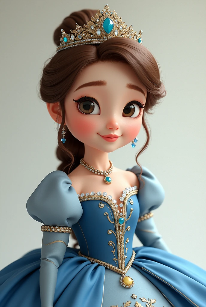 A princess with a crown,big blue dress,tied hair of light brown color,chubby mouth,white,image ultra realistic