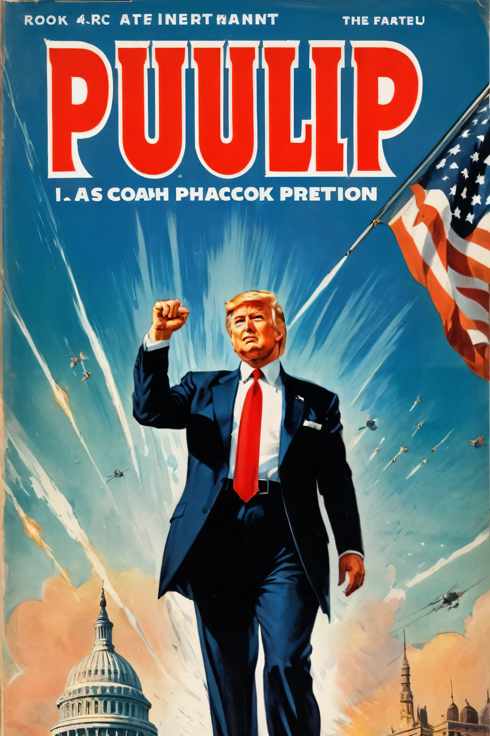 「AMERICA」The rough cover of the book (Filmotype Quaryフォント) fullbody of A man look a like mr.donald trump,fist raise up to the sky,bulletproof,usa flag background, Portrait by Robert Peake, CG Association Contest Winner, A new objectivity, 1 9 9 0 s Thriller, Dark vintage paperback cover, Pulp science fiction book cover art, 5 0 s pulp illustration, Zoom out