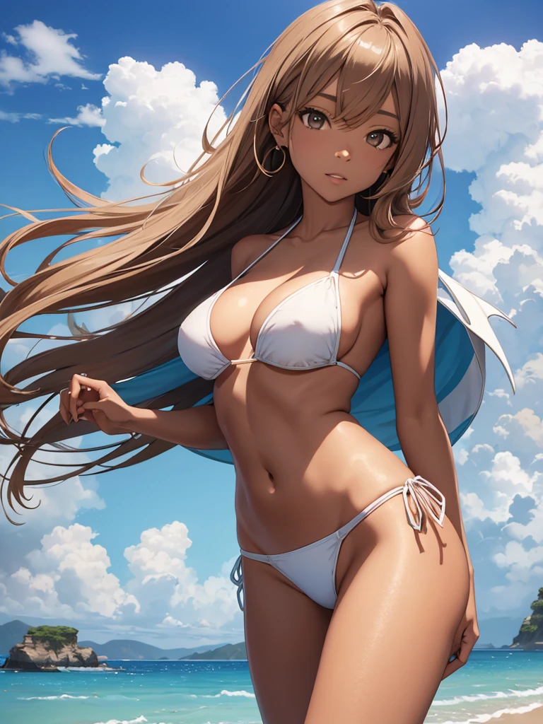 (Wiz), 1woman, wearing a sexy bikini at beach, light brown colour hair, 8k, high detailed, high quality