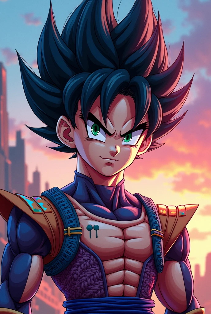Goku wearing makeup and rainbow hair
