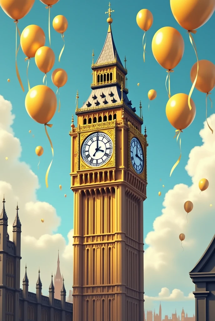 Image of Big Ben bell for a 6  boy&#39;s birthday party, May it be with golden balloons, black and gray 