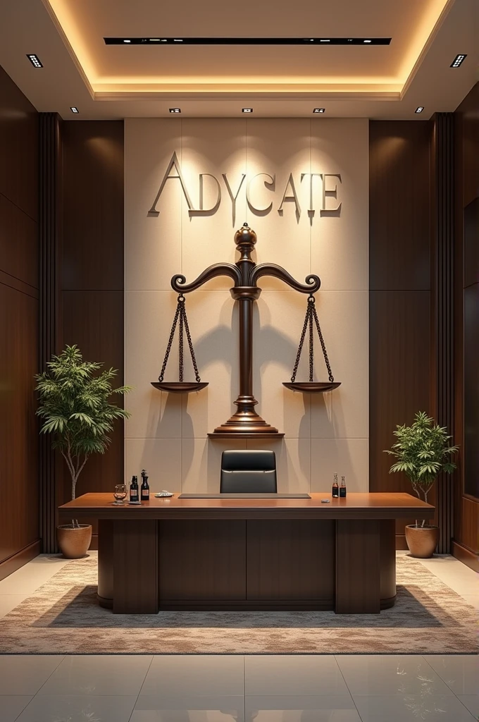 Interior decor for an advocate office with beautiful wall sculpture on one wall with advocate written on it with the symbol justice balance scale 