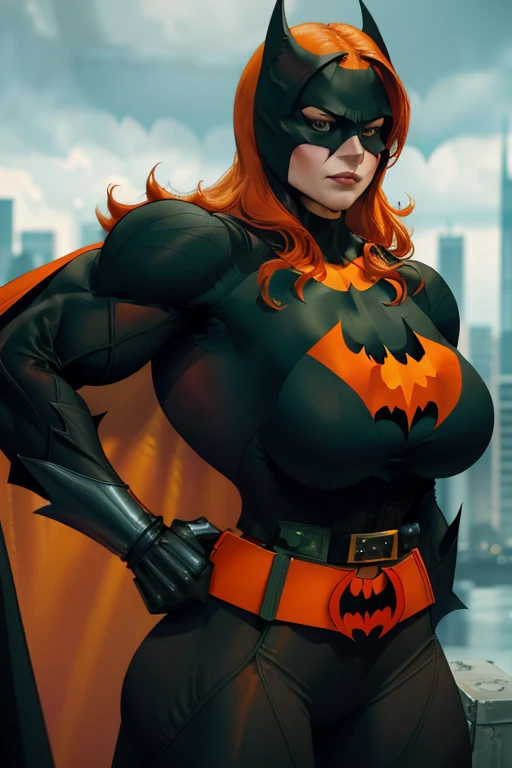 (obra-prima:1.2), (ultra-detalhado:1.2), (cinematographic lighting), (luz noturna), image takes place at night, Drawing of a beautiful woman in a crouched pose on top of buildings, Batwoman, mulher bonita e ultra detalhada, olhos chamativos, olhos azuis, corpo atletico, uniforme Batwoman, adulta, cabelo loiro, cabelo longo, curvy ass, gigantic breast, bubble butt