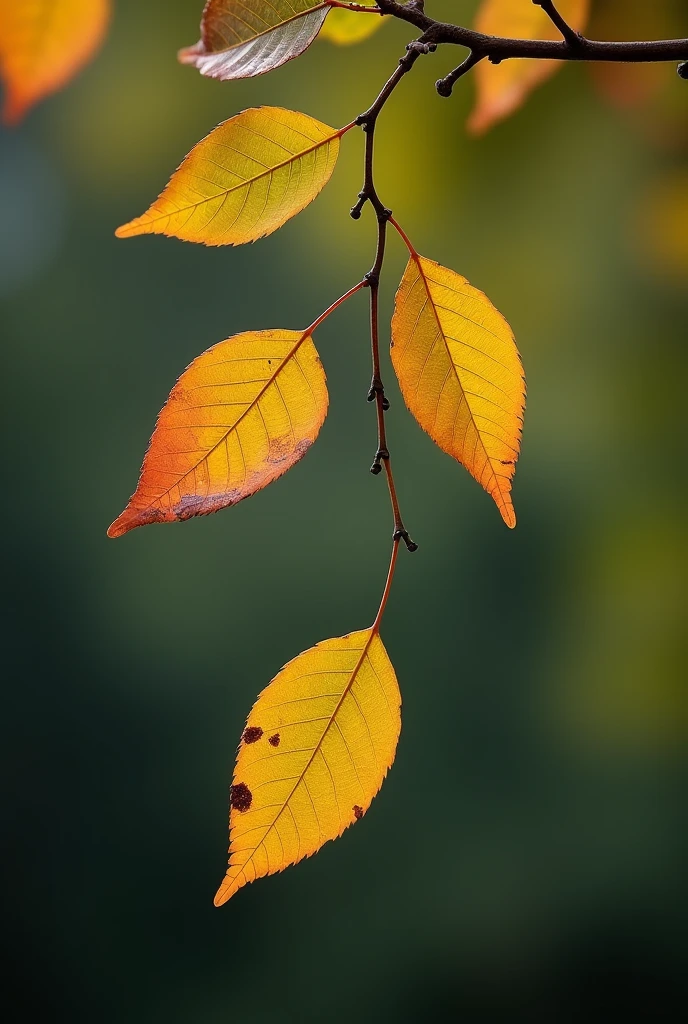 Zoomed-in photo of three leaves falling from tree