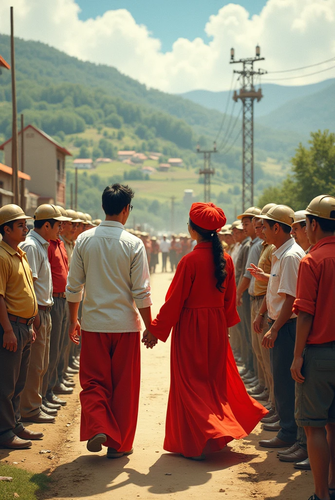 Depicting a man and woman dressed in red and white inviting farmers and construction workers to build the country. 