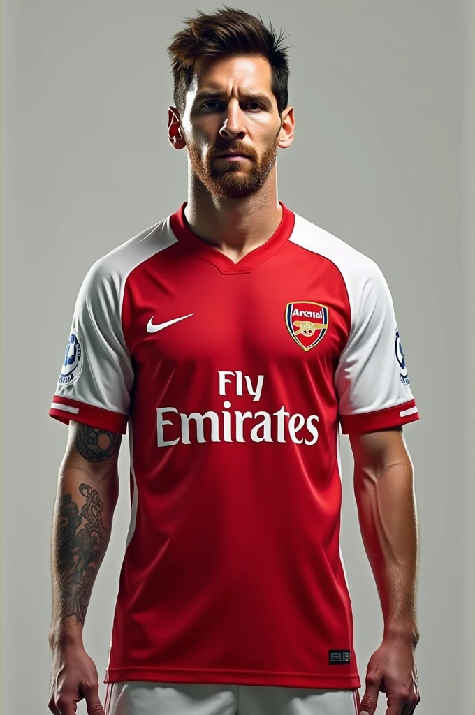 Generate a photo of Messi wearing the Arsenal shirt