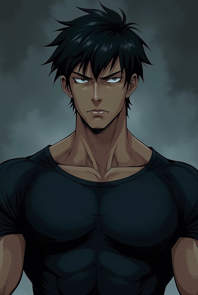 Create a manga-style drawing of a young, handsome man with a serious and intense expression, similar to the reference image. The character should have slightly messy, dark hair with deep shadows and sharp, well-defined facial features, maintaining a brooding look. His eyes should be narrow and piercing, giving off a sense of calm confidence.

Enhance his physique to give him broad shoulders and a muscular build that resembles a bodybuilder's, with a visible strong neck and upper body. His outfit should be dark and form-fitting, highlighting his muscular frame, adding to the "daddy-type" appeal. The color scheme should match the deep, moody tones of the reference image, with a focus on shadows and highlights to maintain the intense atmosphere.

The overall vibe should exude strength, maturity, and a commanding presence that appeals to female characters as the "daddy-type" in manga.