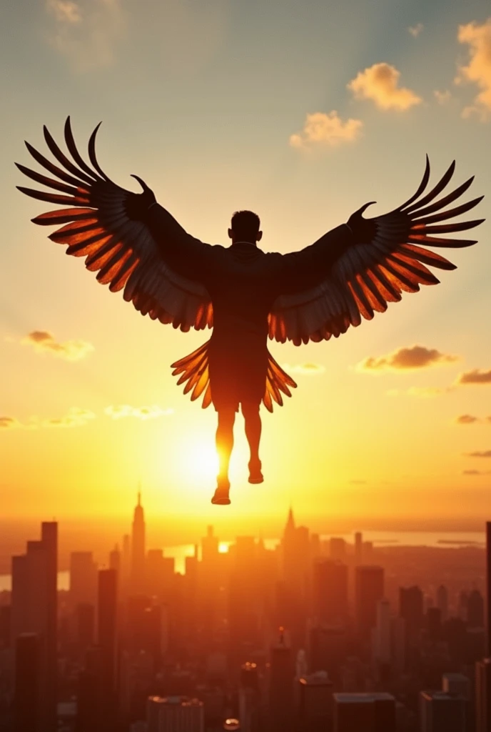 Un homme avec des ailes d oiseau vol dans le ciel de New York au levé du soleil