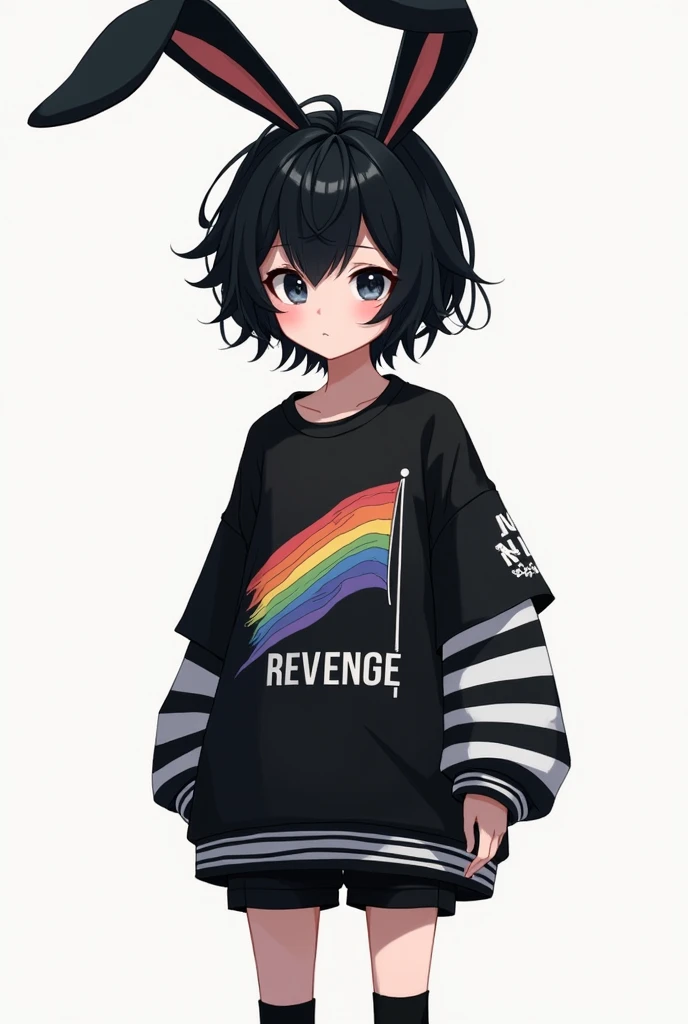 An Ai of a boy. He has black hair and black bunny ears too., He is wearing a black and white striped sweatshirt and over it a black short-sleeved T-shirt with letters that say REVENGE and on the left side a gay flag, She wears short shorts with long black socks