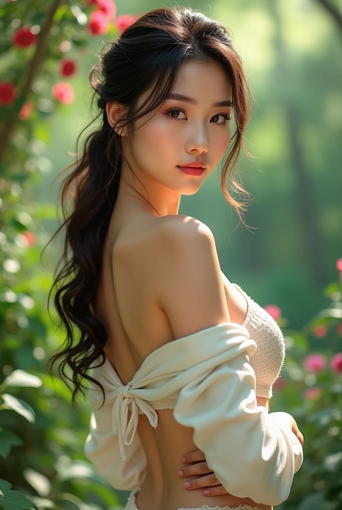 Best quality, masterpiece, super high resolution, (realism: 1.4), original photo, 1girl, off-the-shoulder, in the sun, deep shadows, understated, warm light, behind a portal made of pink and yellow roses, portal made of roses, beautiful flowers grow, overgrown with flowers, outdoors