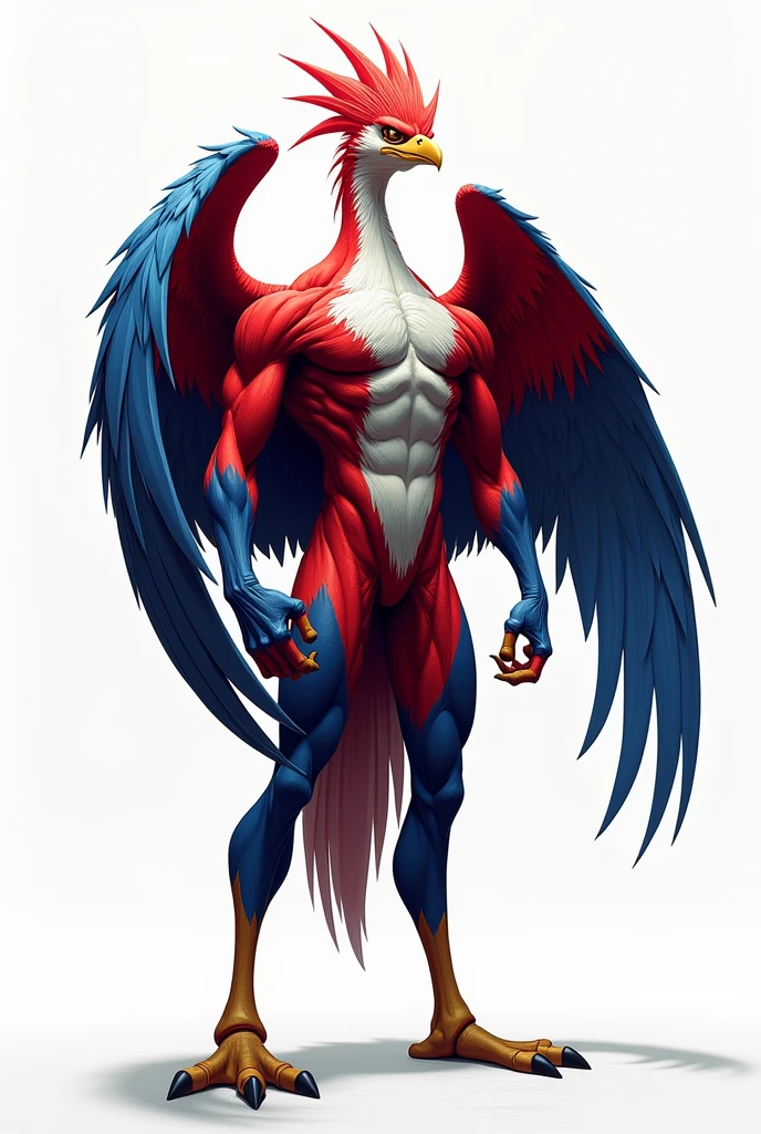 A heron (animal)that is very muscular like a gym, red, blue, white