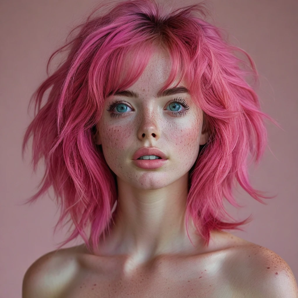 full body model, body with well-made anatomybeautiful 1 girl, standing alone, long hair, looking ahead at viewer, bangss, simple background, greeneyes, pink  hair, parted lips, teeths, lips, eyelash, Messy hair, portraite, close up, freckles, realisitic