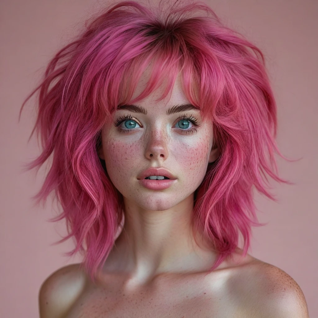 full body model, body with well-made anatomybeautiful 1 girl, standing alone, long hair, looking ahead at viewer, bangss, simple background, greeneyes, pink hair, parted lips, teeths, lips, eyelash, Messy hair, portraite, close up, freckles, realisitic
