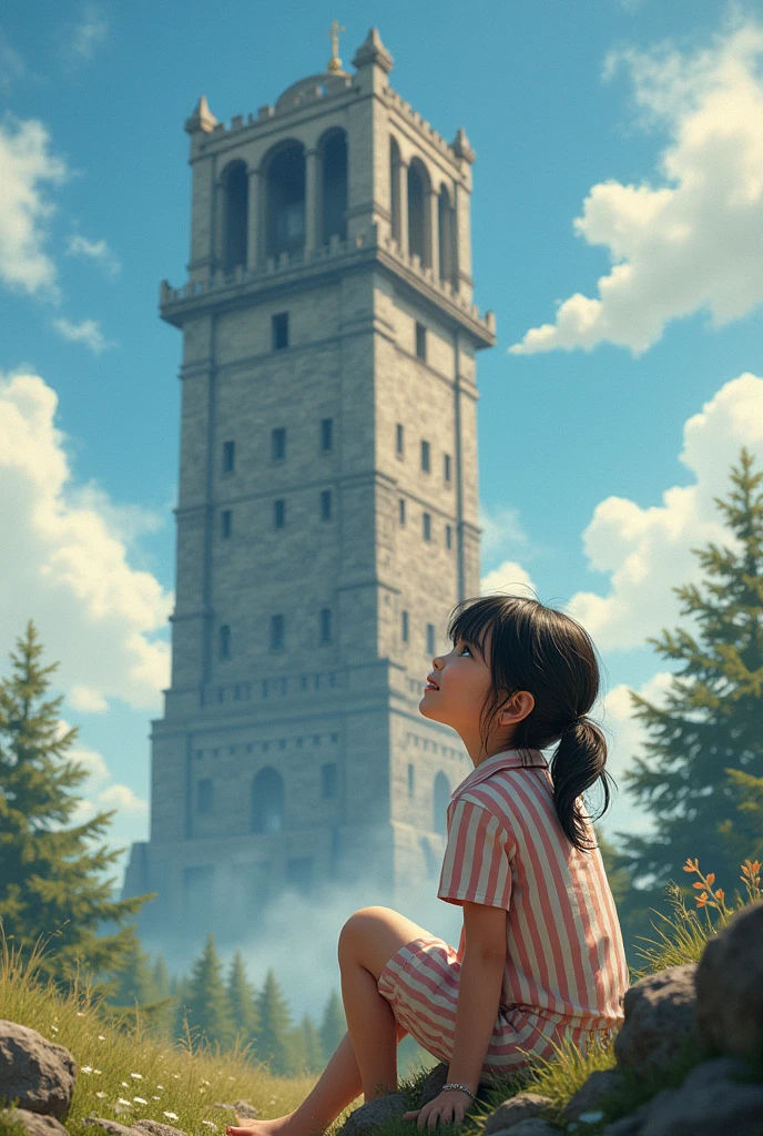 A girl in striped pajamas sits near the tower and is happy that she got out of prison