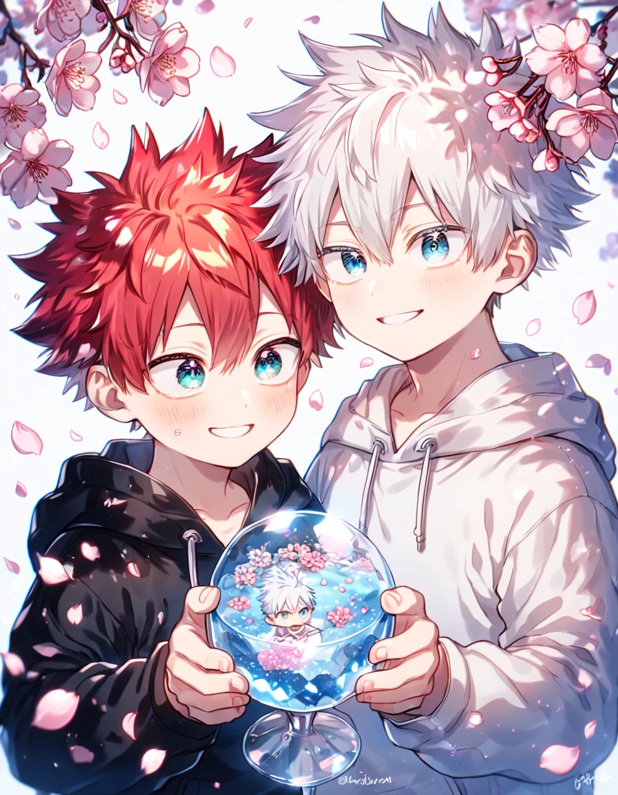 absurdres, highres, ultra detailed, HDR, master piece, best quality, extremely detailed face, delicated features, Gojou Satoru as a kid, white hair, expressive blue eyes, white eyelashes, Boku No Hero Academia, Todoroki Touya as a kid, red hair, spiked hair, with bangs, hair between the eyes, expressive turquoise eyes, two kids together, yaoi, gay couple, small, cute, smiling, black hoodie, white hoodie, fantasy, magical, cherry blossoms, pink flowers, pink birds, pink petals, water, crystal glass, Jujutsu Kaisen