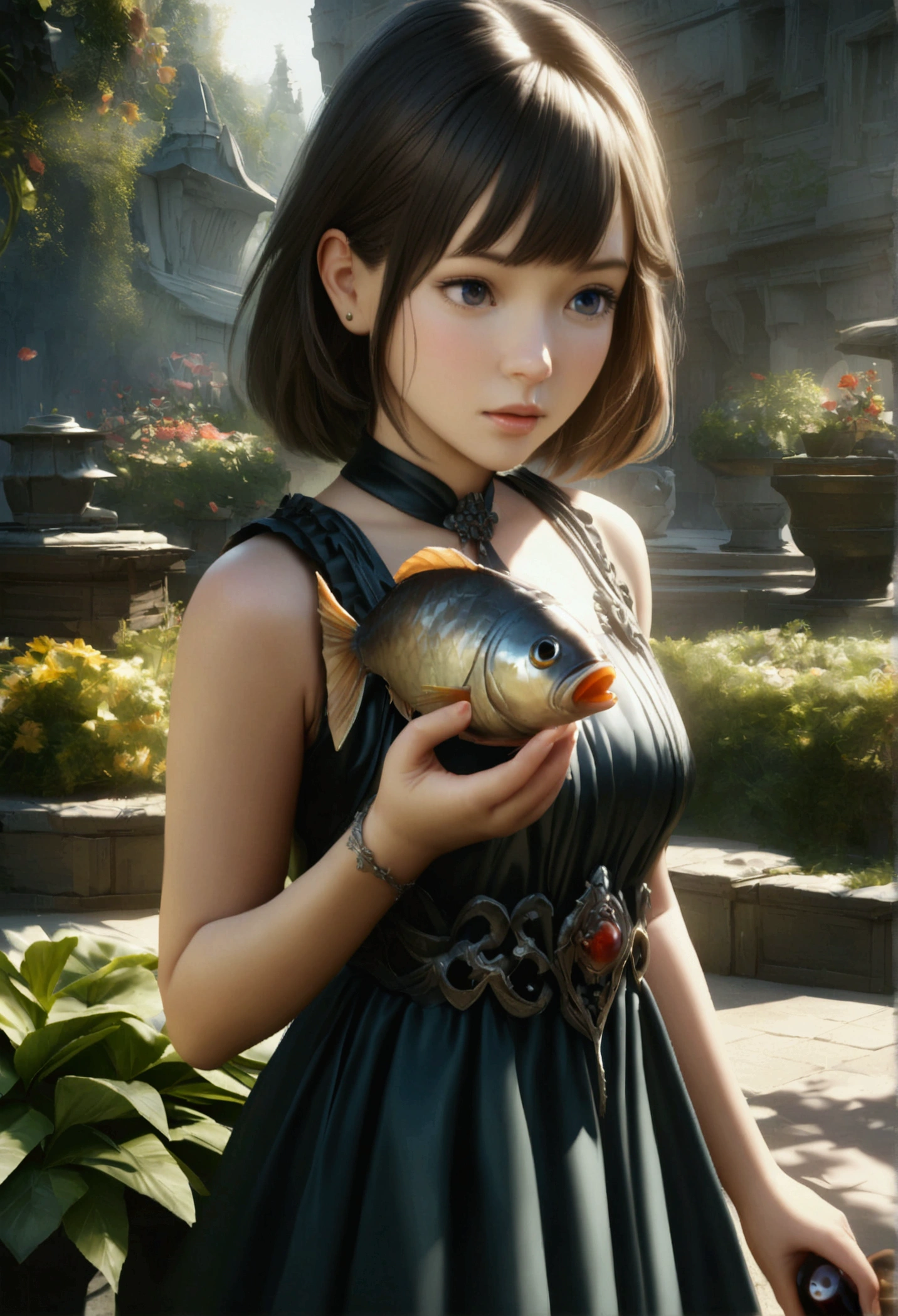 a beautiful young anime 2d girl in a garden, holding a soy sauce bottle in the shape of a fish, detailed face and eyes, elegant dress, natural lighting, photorealistic, 8k, cinematic, fantasy, magical realism