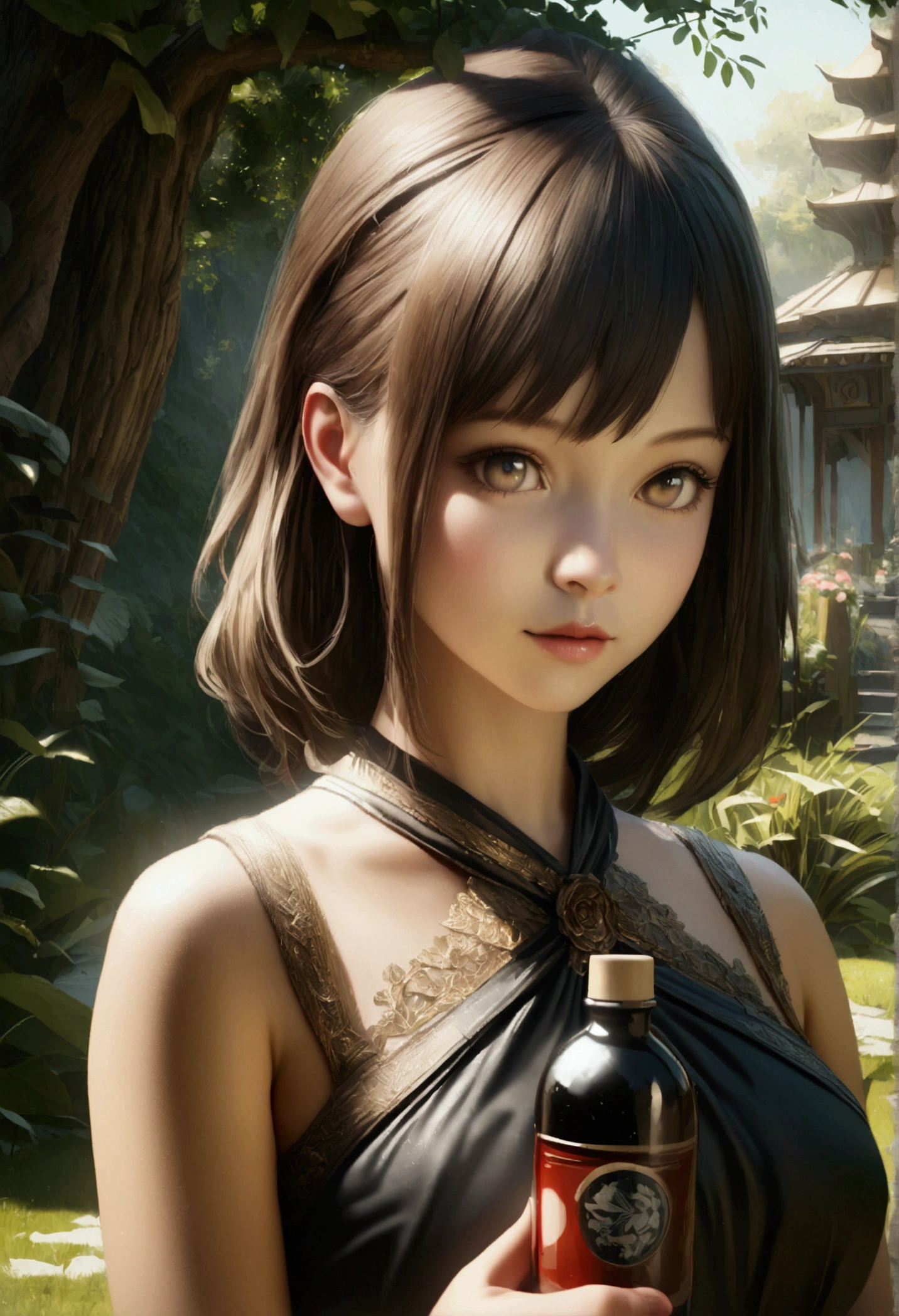 a beautiful young anime 2d girl in a garden, holding a soy sauce bottle in the shape of a fish, detailed face and eyes, elegant dress, natural lighting, photorealistic, 8k, cinematic, fantasy, magical realism