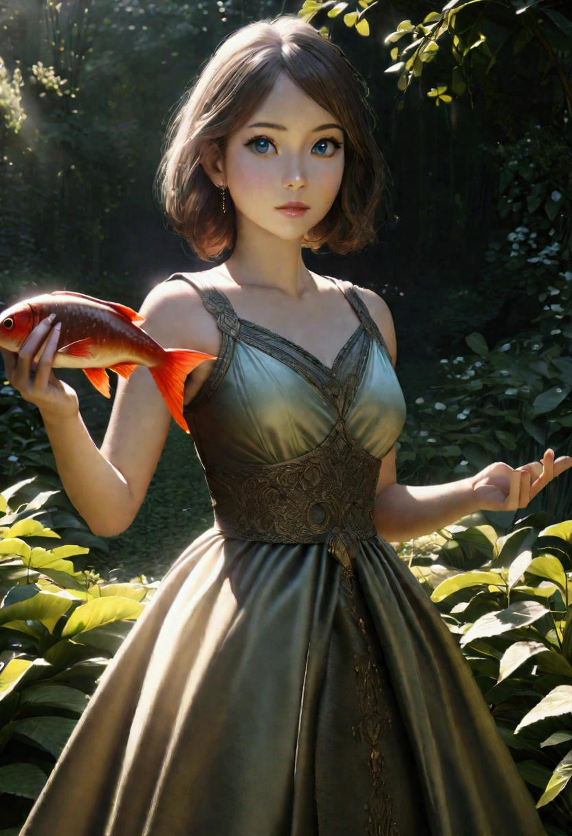 a beautiful young anime 2d girl in a garden, holding a soy sauce bottle in the shape of a fish, detailed face and eyes, elegant dress, natural lighting, photorealistic, 8k, cinematic, fantasy, magical realism