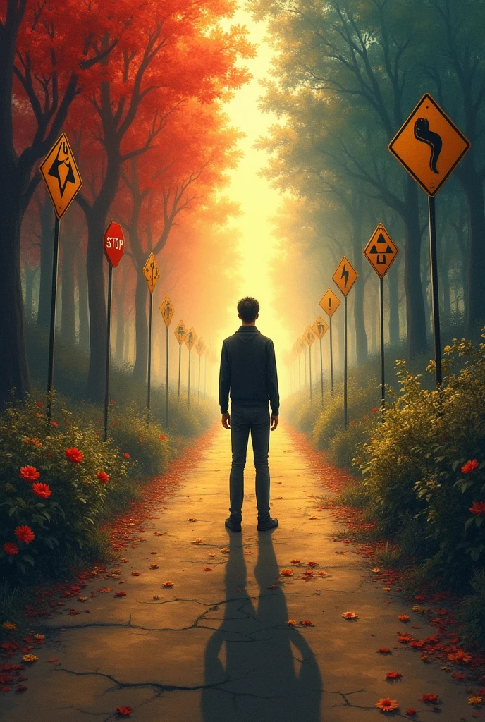 a person , facing two different paths. The left path is full of warning signs, red lights and warning symbols and the right road is illuminated with warm colors, flowers and symbols of well-being.