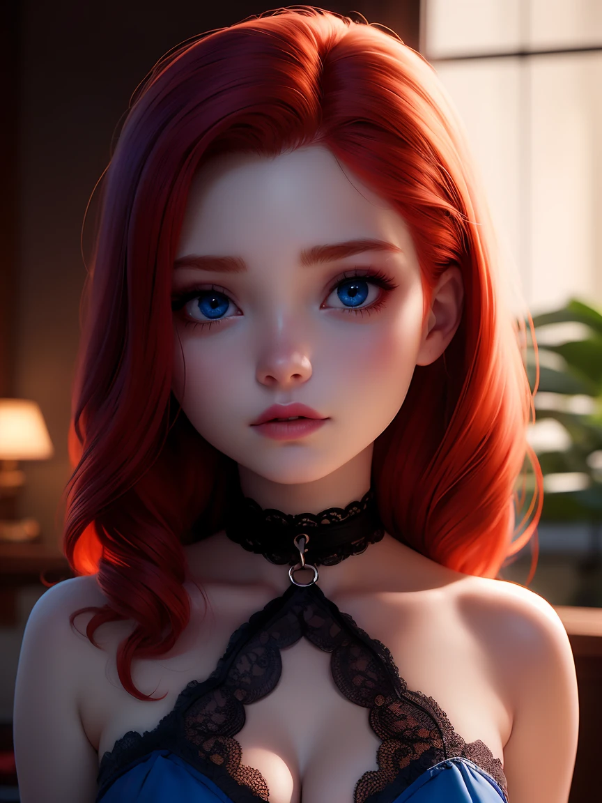 1 girl, pale, CRU photo, (18 year old redhead girl:1.2), make up, Kale, rot, lace choker around the neck, textura de pele realista, blue colored eyes, softcore, warm lighting, noir ambiance, style raw