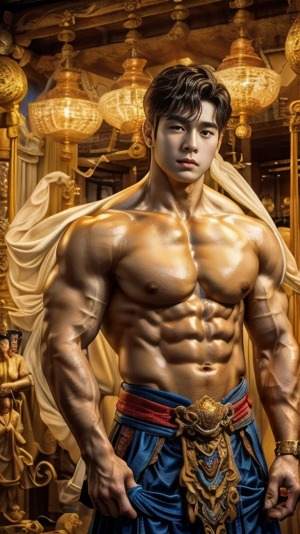 disconsolate,Ambient,artistic conception,large scene,The wind blew up the white curtains,Dattain lamps,Diffuse light,chest muscle,detailed face, Shirtless, stubbles, Sideburns, musculature, Strong handsome korean guy, a golden statue of handsome men god , multiple hands holding some weapons, , Hanfu,Golden blue、Jing Qing Moqing、jackson wang, Plain cherry blue,Junyi,Dignified atmosphere,Temperament,Short hair, Flat-headed beautiful man,The light is gentle,The scene comes to life