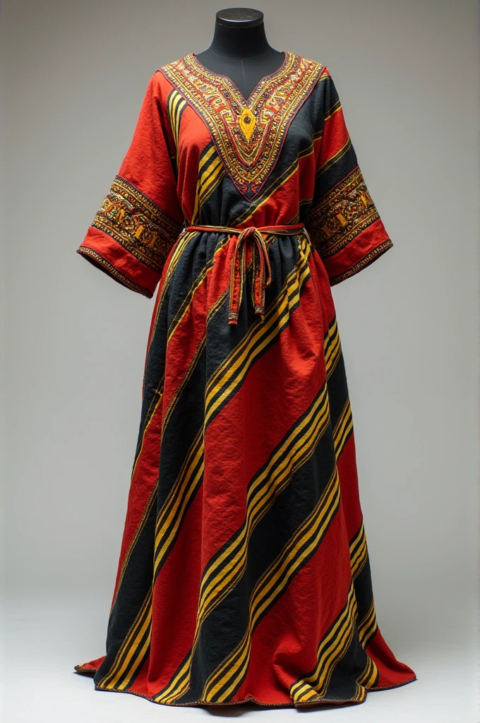 Typical white Garifuna dress, with red and black stripes on the left side of the scramble and white and yellow stripes on the right side of the scramble.