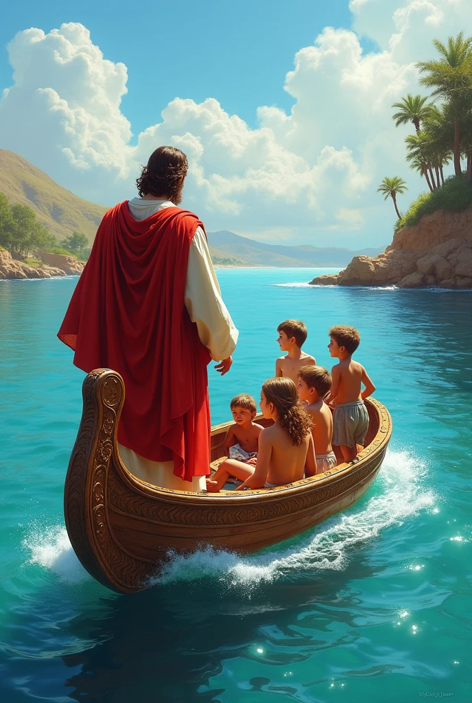 Jesus Christ dressed in red with his back completely to the sea in a beautiful boat sailing with boys and girls and a title that says sailing with Jesus