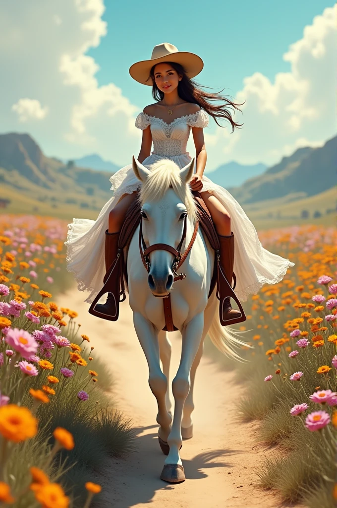 Create a picture of a girl riding on white horse wearing cowboy hat and dress, passing through a pathway of flowers
