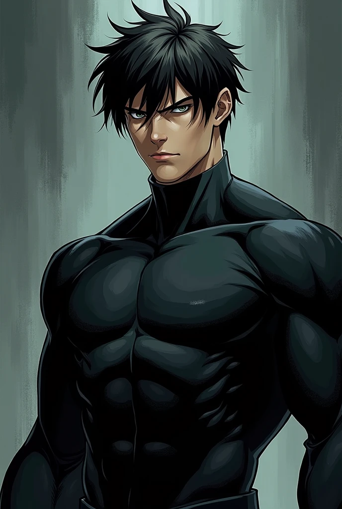 Create a manga-style drawing of a young, handsome man with a serious and intense expression, similar to the reference image. The character should have slightly messy, dark hair with deep shadows and sharp, well-defined facial features, maintaining a brooding look. His eyes should be narrow and piercing, giving off a sense of calm confidence.

Enhance his physique to give him broad shoulders and a muscular build that resembles a bodybuilder's, with a visible strong neck and upper body. His outfit should be dark and form-fitting, highlighting his muscular frame, adding to the "daddy-type" appeal. The color scheme should match the deep, moody tones of the reference image, with a focus on shadows and highlights to maintain the intense atmosphere.

The overall vibe should exude strength, maturity, and a commanding presence that appeals to female characters as the "daddy-type" in manga.