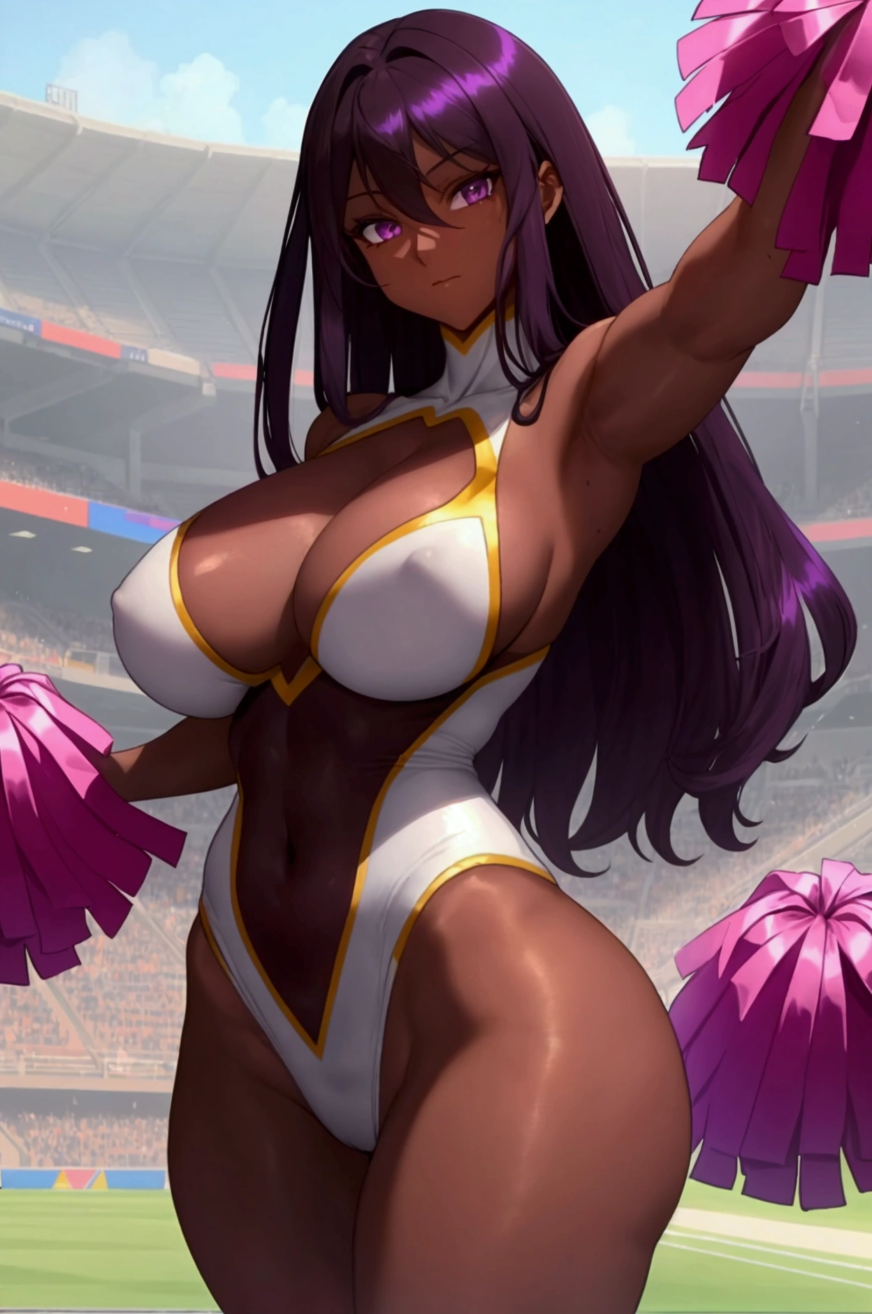 (Gir1), (20 years), (Dark Skin:1.5), (Long dark purple hair and dark purple eyes), (structured body), (hourglass figure), (Height 1.77), (beautiful), (beautiful and delicate face), (slender body), (thin body), (with physical attributes such as super mega large and large breasts and ass), (Mature body like that of a super hot and delightful adult woman), (super gigantic breasts), (big ass), (body with soft skin), (Wearing), +, (A cheerleading captain's outfit magically morphs into a tantalizing near-nude ensemble, leaving little to the imagination. The vibrant colors of the costume shimmer in the sunlight, while the sheer fabric highlights each curve and contour of her body. She confidently leads her team onto the field, turning heads and causing hearts to race.)