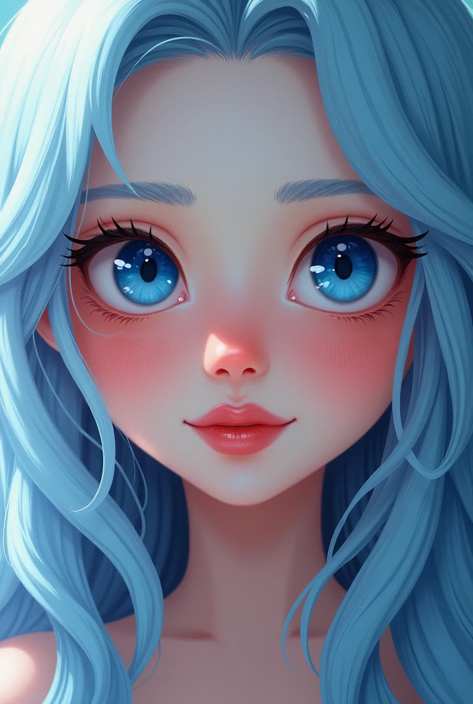 Masterpiece, raw,  beautiful art, professional artist, 8k, art style by sciamano240, very detailed face, very detailed hair, Alice in Wonderland, 25 years old, perfectly drawn body, beautiful face, long hair, light blue hair , very detailed blue eyes, pouty lips , rosey cheeks, intricate details in eyes, playful smile , lipstick, very close up on face
