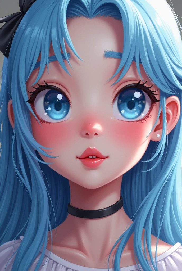 Masterpiece, raw, beautiful art, professional artist, 8k, art style by sciamano240, very detailed face, very detailed hair, Alice in Wonderland, 25 years old, perfectly drawn body, beautiful face, long hair, light blue hair , very detailed blue eyes, pouty lips , rosey cheeks, intricate details in eyes, playful smile , lipstick, very close up on face