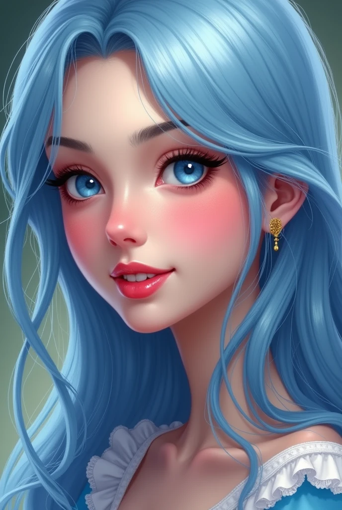 Masterpiece, raw, beautiful art, professional artist, 8k, art style by sciamano240, very detailed face, very detailed hair, Alice in Wonderland, 25 years old, perfectly drawn body, beautiful face, long hair, light blue hair , very detailed blue eyes, pouty lips , rosey cheeks, intricate details in eyes, playful smile , lipstick, very close up on face