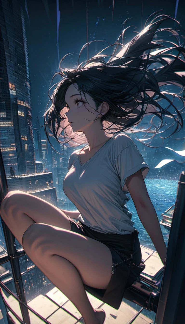High resolution, Highest quality, high resolution, Super Fine, 16K, Incredibly absurd, Very detailed, Beautiful woman sitting on a trapeze suspended between two skyscrapers, Gazing into the distance, Wear a loose long T-shirt, Captivating look, Wind, Wind-effect, moonlit ocean, (Nice views:1.1) , Clockpunk